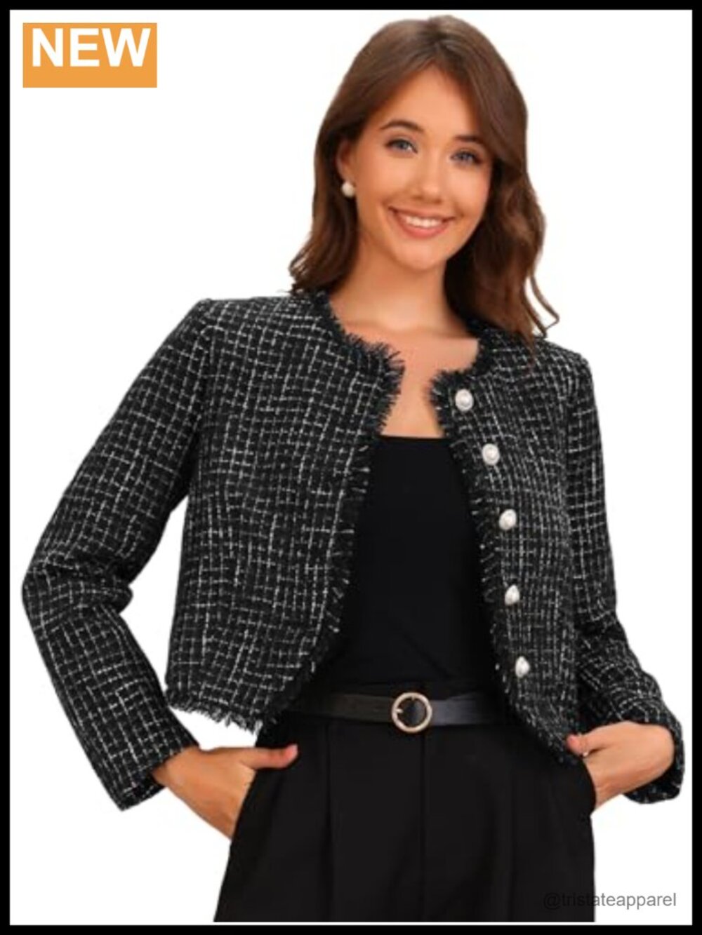 Tweed Plaid Cropped Button Up Long Sleeve Jacket